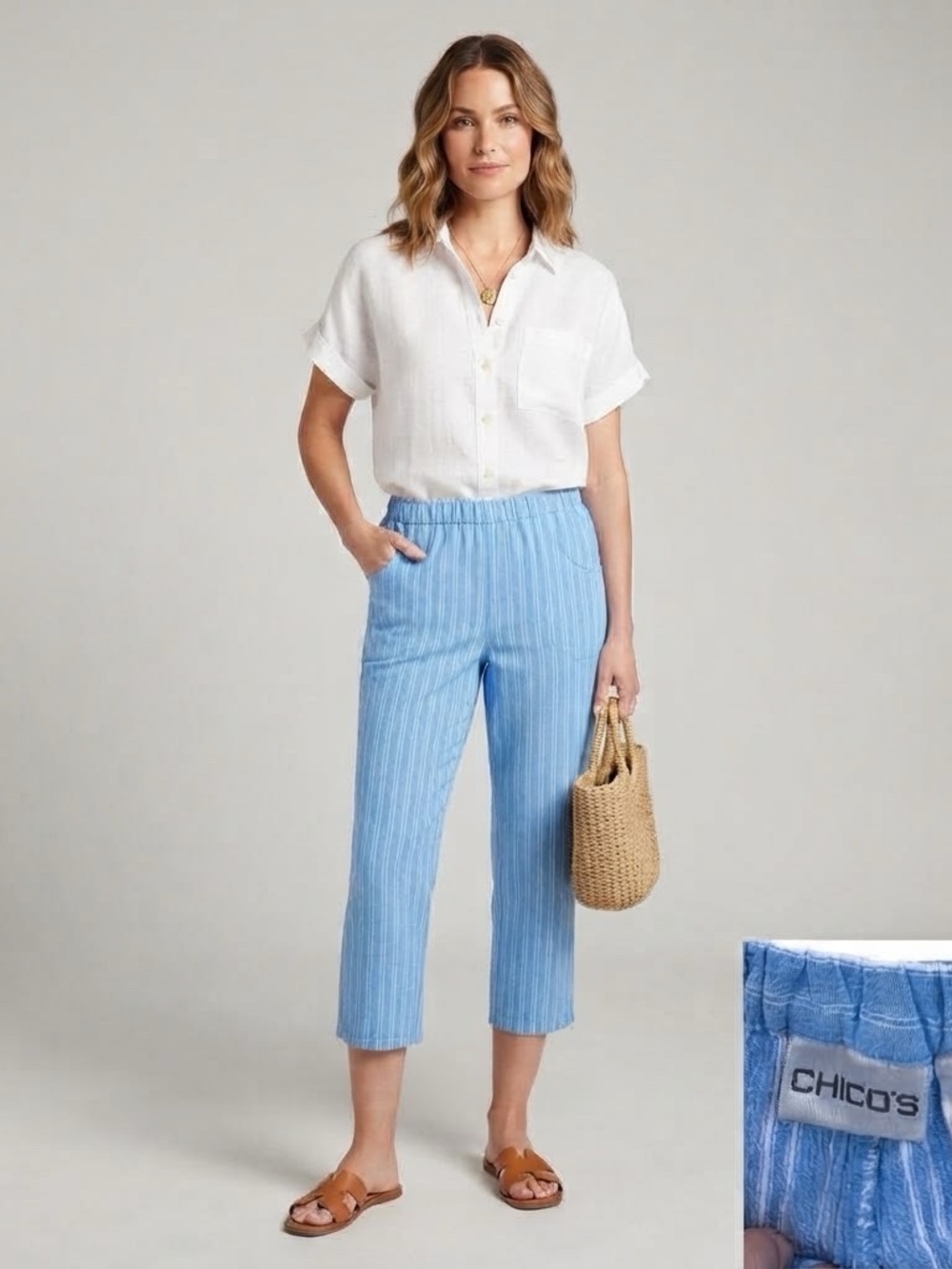 Chico's Blue & White Stripe Cotton Casual Crop Pants Size 2 (Medium)